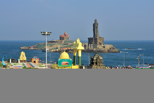 Statue of Tiruvalluvar and Vivekananda Memorial on sea beach at Kanniyakumari state Tamil Nadu