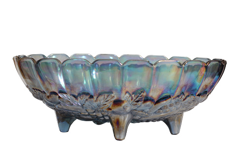 Vintage Blue Carnival Glass Fruit Bowl Isolated on White