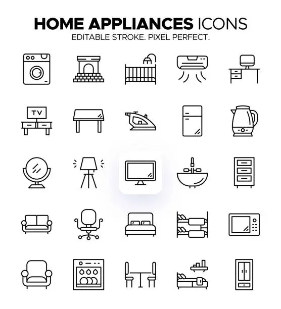 Vector illustration of Home Appliances and Furniture Icons - TV Units, Refrigerators, Kettles, Lamps, Beds and more Symbols