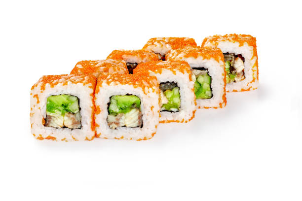 istock California sushi rolls in masago roe with eel, cucumbers and avocado 1457899938