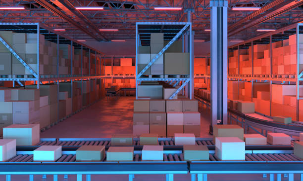 istock Merchandise, goods and boxes stored on shelves in a distribution warehouse, night time with red and blue light 1457900724