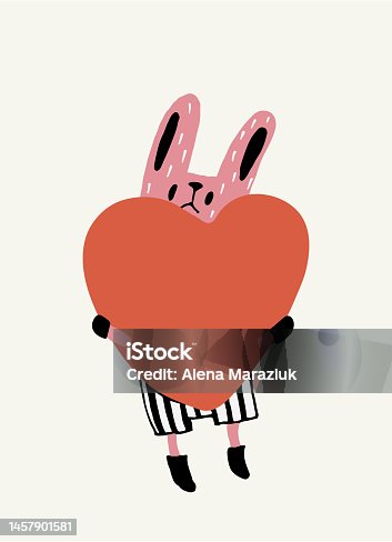istock small rabbit holds a big red heart. Vector illustration 1457901581