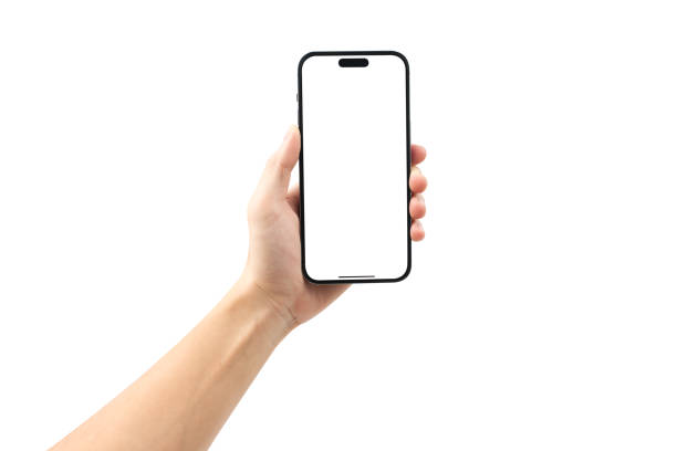 istock Hand showing smartphone with blank screen isolated on white background. 1457906109
