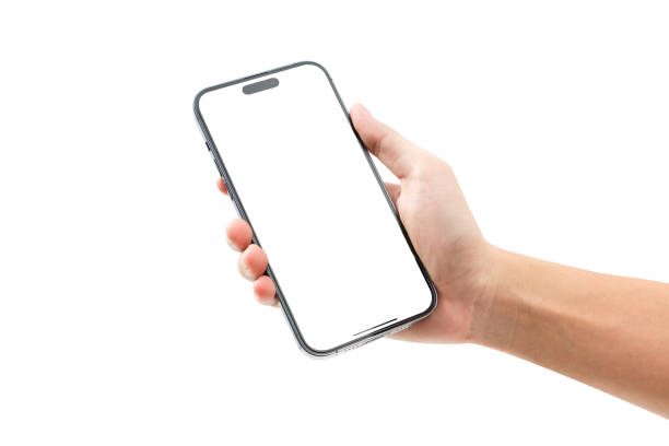 hand zeigt smartphone mit leerem bildschirm isoliert auf weißem hintergrund. - hände stock-fotos und bilder