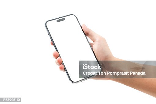 istock Hand showing smartphone with blank screen isolated on white background. 1457906110