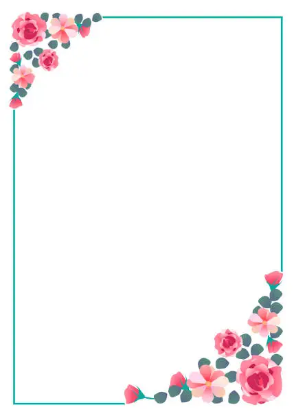 Vector illustration of Green frame in vertical format, with leaves and flowers in two corners