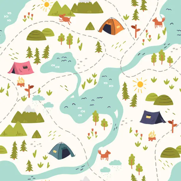 Vector illustration of Cute hand drawn vector seamless pattern with camping doodles, tents, landscape and trails, great for textiles, banners, wallpapers