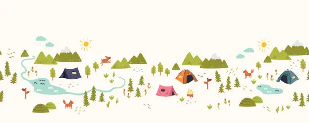 Vector illustration of Cute hand drawn vector seamless pattern with camping doodles, tents, landscape and trails, great for textiles, banners, wallpapers