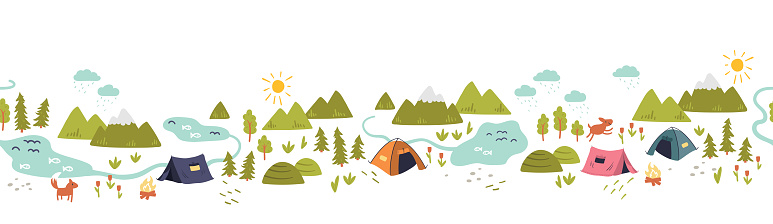 Cute hand drawn vector seamless pattern with camping doodles, tents, landscape and trails, great for textiles, banners, wallpapers