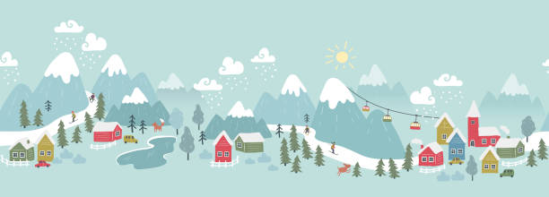 다채로운 마을, 스키장, 산과 구름이 있는 재미있는 손으로 그린 겨울 풍경 - 섬유, 벽지, 포장에 적합 - 벡터 디자인 - ski resort village austria winter stock illustrations