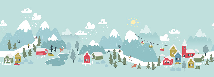 Fun hand drawn winter scenery with a colorful village, ski area, mountains and clouds - great for textiles, wallpaper, wrapping - vector design
