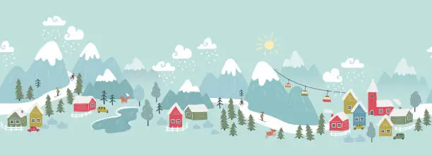 Vector illustration of Fun hand drawn winter scenery with a colorful village, ski area, mountains and clouds - great for textiles, wallpaper, wrapping - vector design