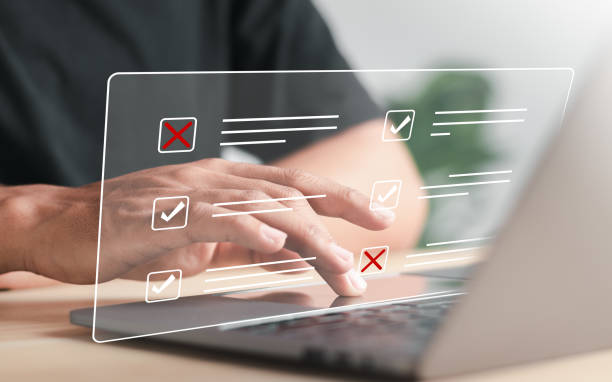 istock Questionnaire with checkboxes, filling survey form online, Choose the correct answer on the exam. 1457912046