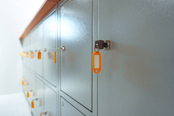 istock Gray locker with key for safety in public facility 1457912521