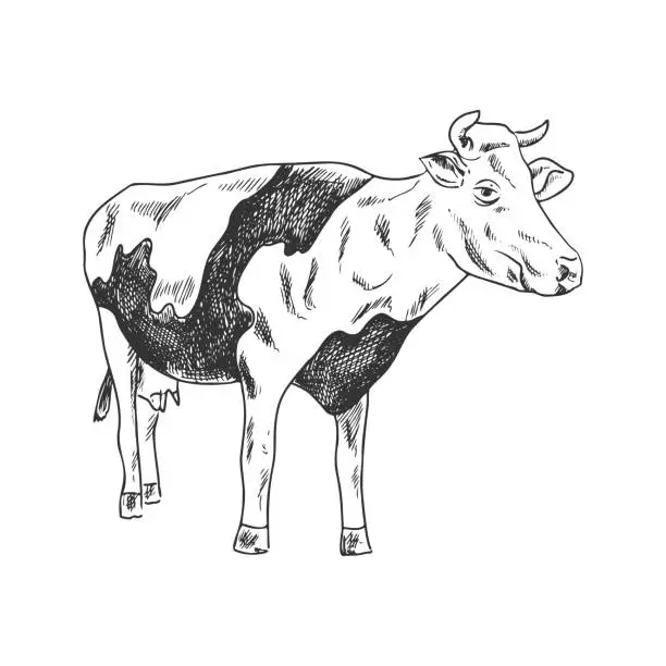 Vector illustration of A hand-drawn sketch of a spotted cow. Vintage illustration. Element for the design of labels, packaging and postcards.