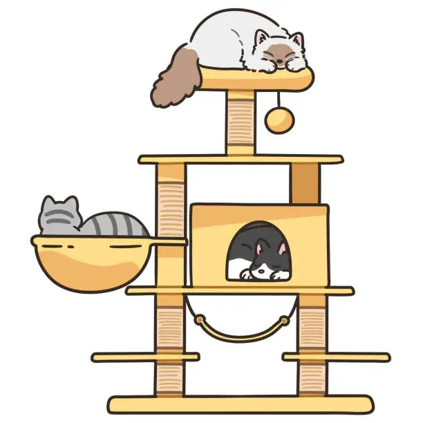 Vector illustration of Simple and cute illustration of yellow cat tower with adorable cats