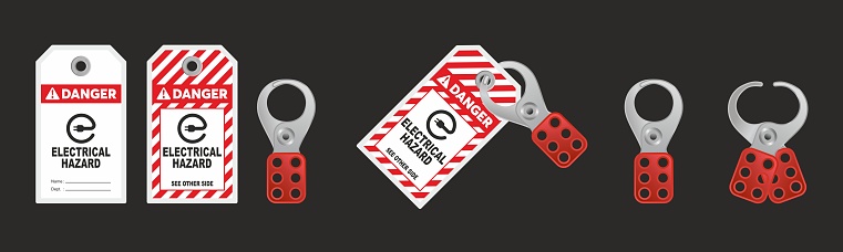 Lock out, tag out with a electrical hazard danger tag vector illustration. Danger and electrical hazard warning. Machine and electrical system and safety equipment. Isolated on black background.