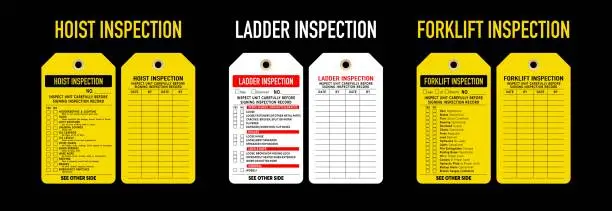 Vector illustration of Equipment inspection tag vector illustrations. Hoist,  ladder and forklift inspection of front and back design templates. Isolated on black background.