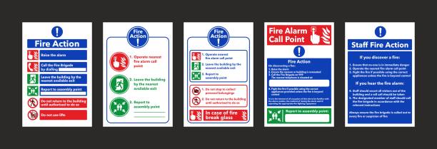 illustrazioni stock, clip art, cartoni animati e icone di tendenza di avviso di azione antincendio segno istruzioni vettoriale impostato. cinque diverse versioni. - safety sign