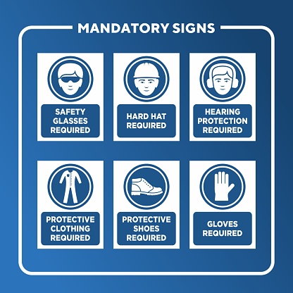 Mandatory warning signs used in industrial applications. Worker safety sign set. Glasses, hard hat, hearing, clothing, shoes, gloves.