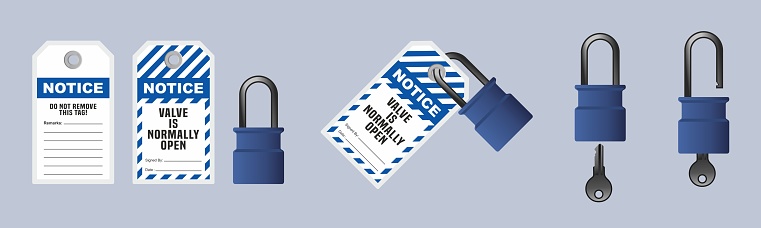 Lock out, tag out with a notice tag vector illustration. Notice and valve is normally open warning tag. Machine and plumbing system and safety equipment. Isolated on blue background.