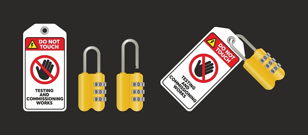 Lock out, tag out with a testing and commissioning works tag vector illustration. Danger and do not operate warning. Do not touch, testing and commissioning works warning.