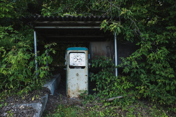 alte rostige verlassene tankstelle mit gras und bäumen bewachsen - old station natural gas russia stock-fotos und bilder