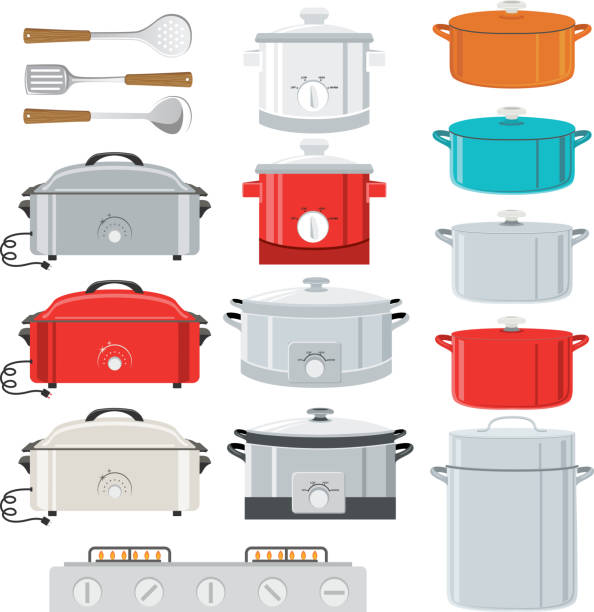 요리 냄비, 느린 밥솥, 가마솥, 네덜란드 오븐 세트 - crock pot stock illustrations
