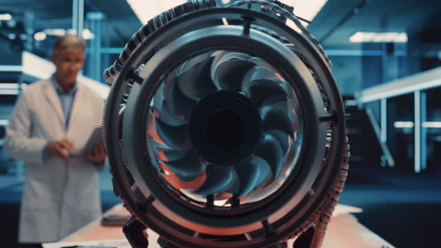 Adult Engineer in a White Scientist Coat with Laptop Computer Comes Up to Perform Diagnostics and Tests on a Futuristic Aerospace Jet Engine. Zoom Out Footage From Inside an Advanced Turbine