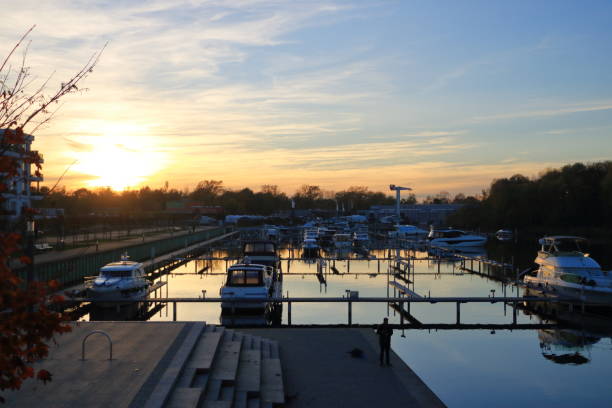 November 12 2022 - Werder/Havel in Brandenburg, Germany: Boats on the Marina of the town in autumn