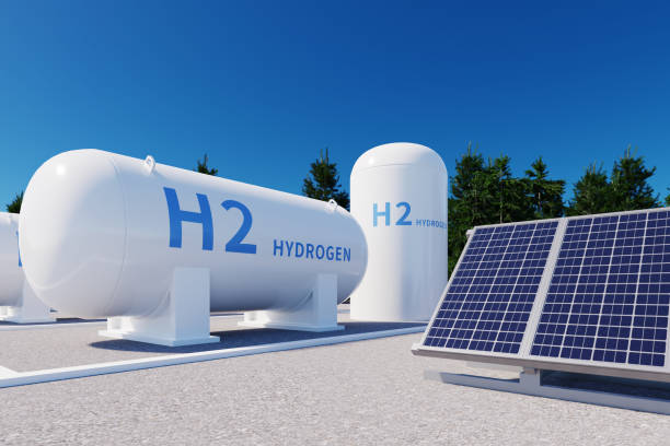 istock solar energy panels and h2 hydrogen tank on the ground, 3d rendering 1457929832