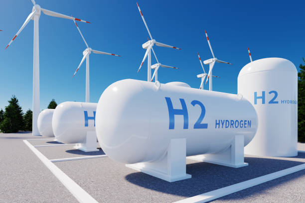 h2水素タンクと風力発電タービン、3dレンダリング - 燃料タンク ストックフォトと画像