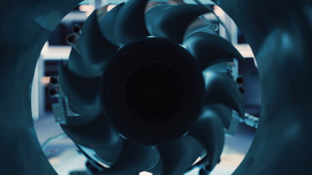 Zoom In Close Up Footage From Inside of a Combustion Chamber of an Advanced Futuristic Turbine Engine with a Rotating Fan. Modern Industrial Jet Engine in Research and Development Facility