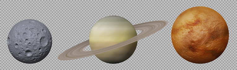 Solar system planets, 3d Saturn, Venus and Moon isolated on transparent background. Celestial bodies, space objects, planets and satellite with detailed surface texture, vector realistic set