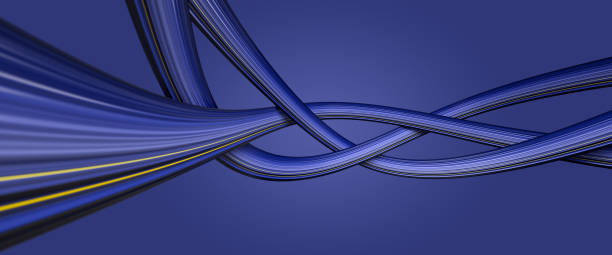 forma de cinta curva multicolor en tonos azules con líneas amarillas. fondo degradado azul. - intertwined fotografías e imágenes de stock