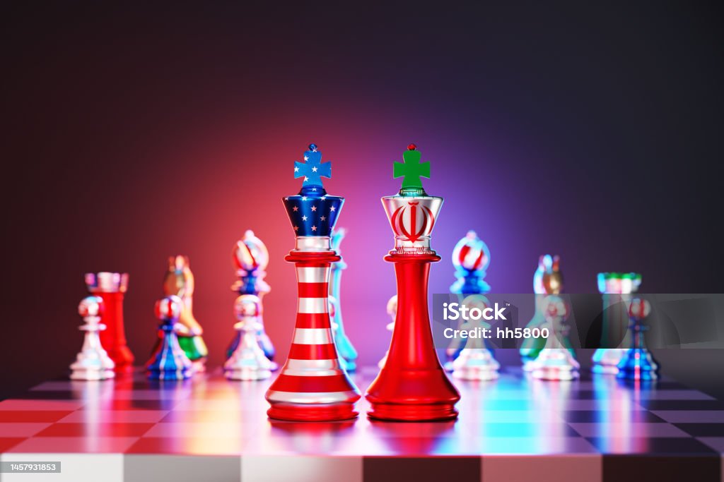 American And Iranian Flag chess king on a chessboard Iran, USA, Iranian Flag, Sanctions, Agreement Abstract Stock Photo