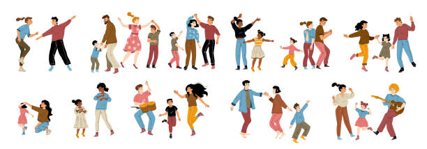 Happy couples and families with kids dancing Happy couples and families with kids dancing. Diverse characters, excited men and women dance with boys and girls isolated on white background, vector hand drawn illustration baby boy dancing with his mommy stock illustrations