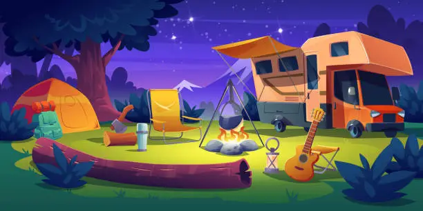 Vector illustration of Camping site with trailer, tent, burning bonfire