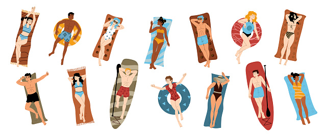 People sunbathing on summer beach. Diverse happy men and women in swimsuits and hats lying on mats, towels, inflatable floats and surfboards, vector hand drawn illustration