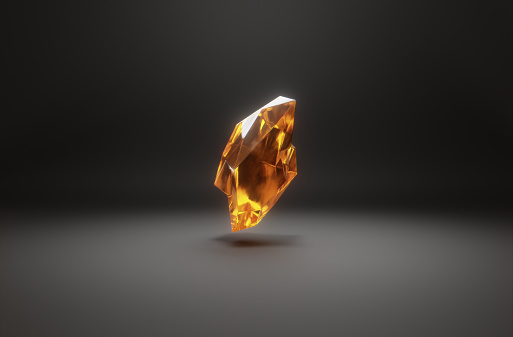 A levitating crystal gemstone on dark background. Abstract 3D computer creation.