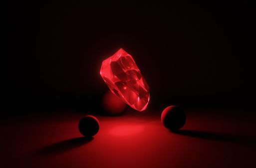 A levitating crystal gemstone on dark background. Abstract 3D computer creation.