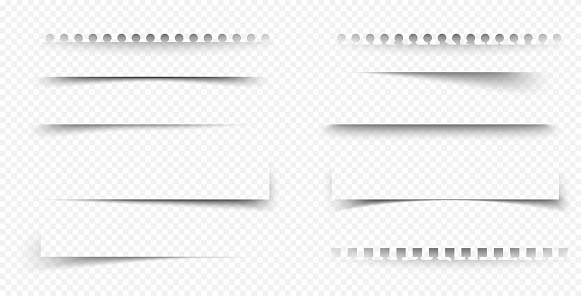 Shadow frames of paper sheet, notebook and notepad pages. Corner and line shadow effects of cards and paper sheets with torn edges, vector realistic set isolated on transparent background