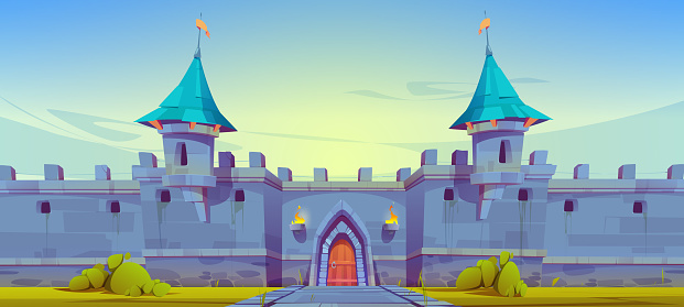 Medieval castle wall, fairytale fortress building with turrets, wooden arched gate and paved road under blue sky. Fantasy magic ancient architecture, royal palace, kingdom Cartoon vector illustration