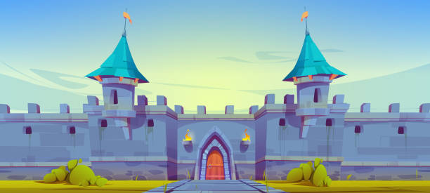 Medieval castle wall, fairytale fortress building Medieval castle wall, fairytale fortress building with turrets, wooden arched gate and paved road under blue sky. Fantasy magic ancient architecture, royal palace, kingdom Cartoon vector illustration paved yard stock illustrations