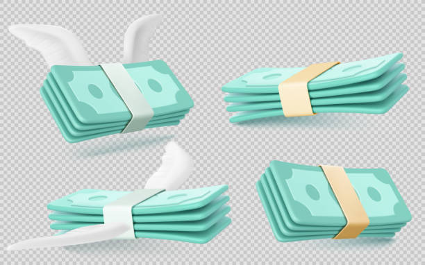 Money banknotes bundles with wings Money banknotes bundles with wings isolated on transparent background. Finance icons of payment, inflation, shopping, savings loss with flying paper cash, 3d vector illustration impulse shopping stock illustrations