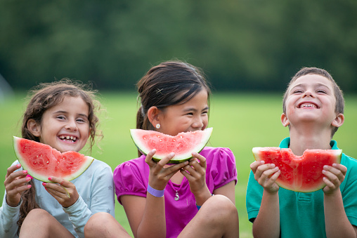 Three school aged children hold watermelon slices up in front of them as they smile for a portrait.  They are each dressed casually as they spend time outside in the fresh summer air, laughing and giggling.