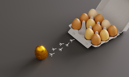 Golden egg leaving the egg carton and going to the freedom. (3d render)