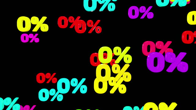 Colorful zero percent symbols fall down isolated on black background, looped 3d render. Concept of discounts, sales, seasonal promotions, black friday, singles day and shopping 1111. percent fall