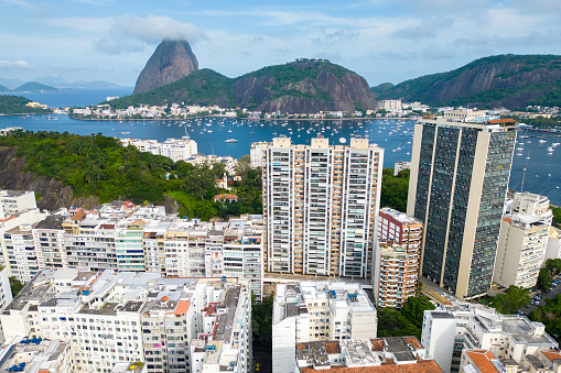 Aerial View of Residential Buildings With Sugarloaf Mountain in the Horizon, in Rio de Janeiro, Brazil.