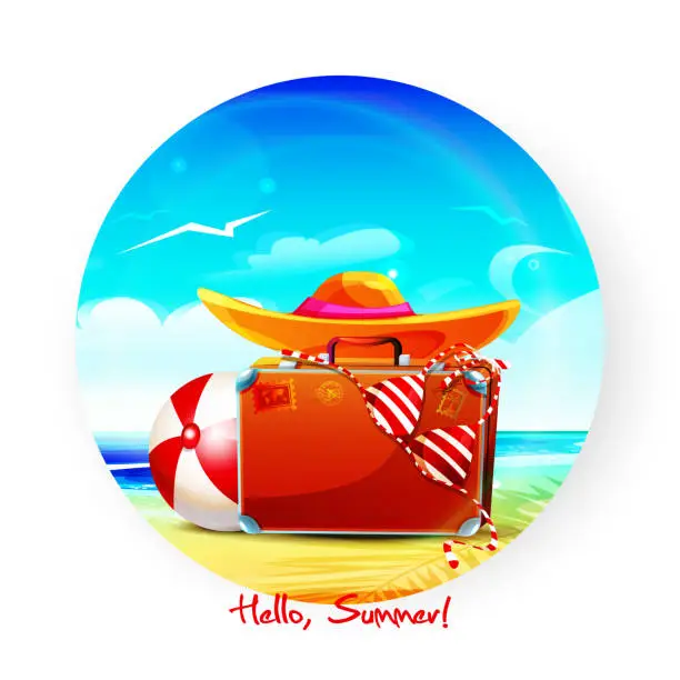 Vector illustration of Summer travel and beach holiday concept in cartoon style. Luggage, Panama, ball and swimsuit on the beach in a circle against the background of the sea shore, isolated on a white background.